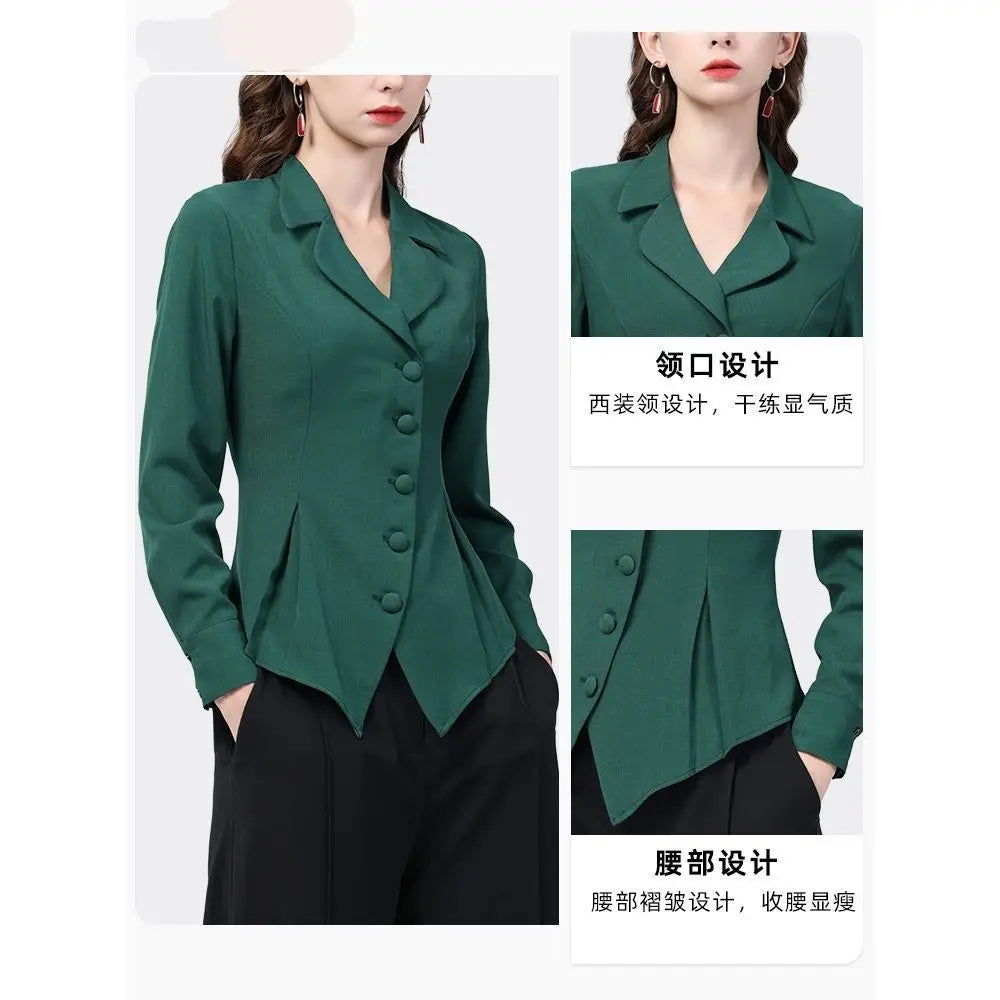 Temperament Skinny Solid Notched Pleated Button Elegant Blazers Graceful Intellectual Women's Clothing 2022 Thin Autumn Winter