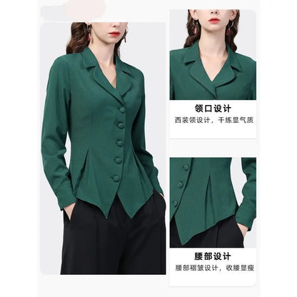 Temperament Skinny Solid Notched Pleated Button Elegant Blazers Graceful Intellectual Women's Clothing 2022 Thin Autumn Winter