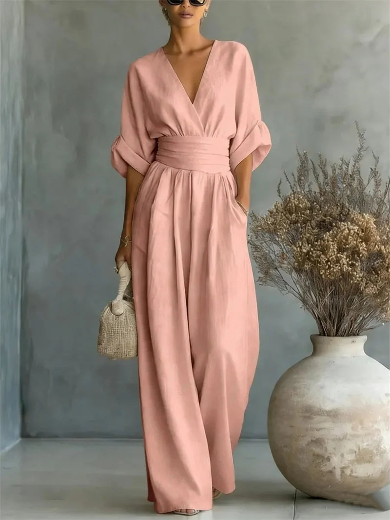 Ruched V-Neck Wide-Leg Jumpsuit | Wovetsa