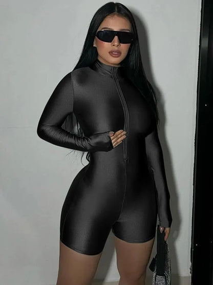 Zipper Long Sleeve Bodycon Romper | Wovetsa