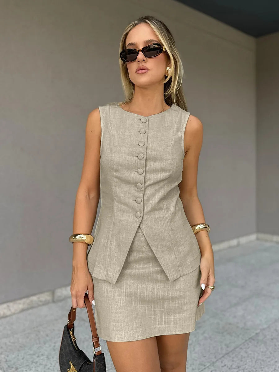 Linen Buttoned Sleeveless Vest & Mini Skirt Two Piece Set | Wovetsa