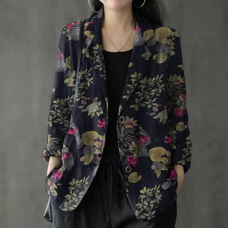 Floral Print Cotton Lapel Blazer Loose Fit | Wovetsa