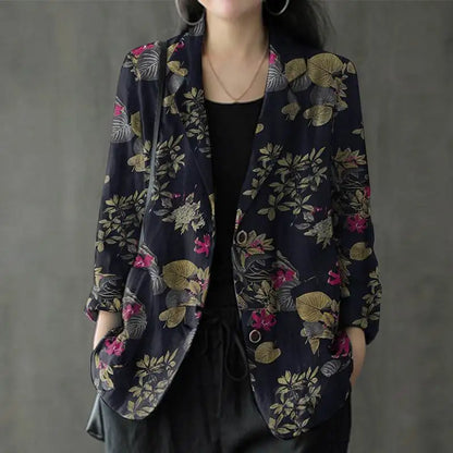 Floral Print Cotton Lapel Blazer Loose Fit | Wovetsa