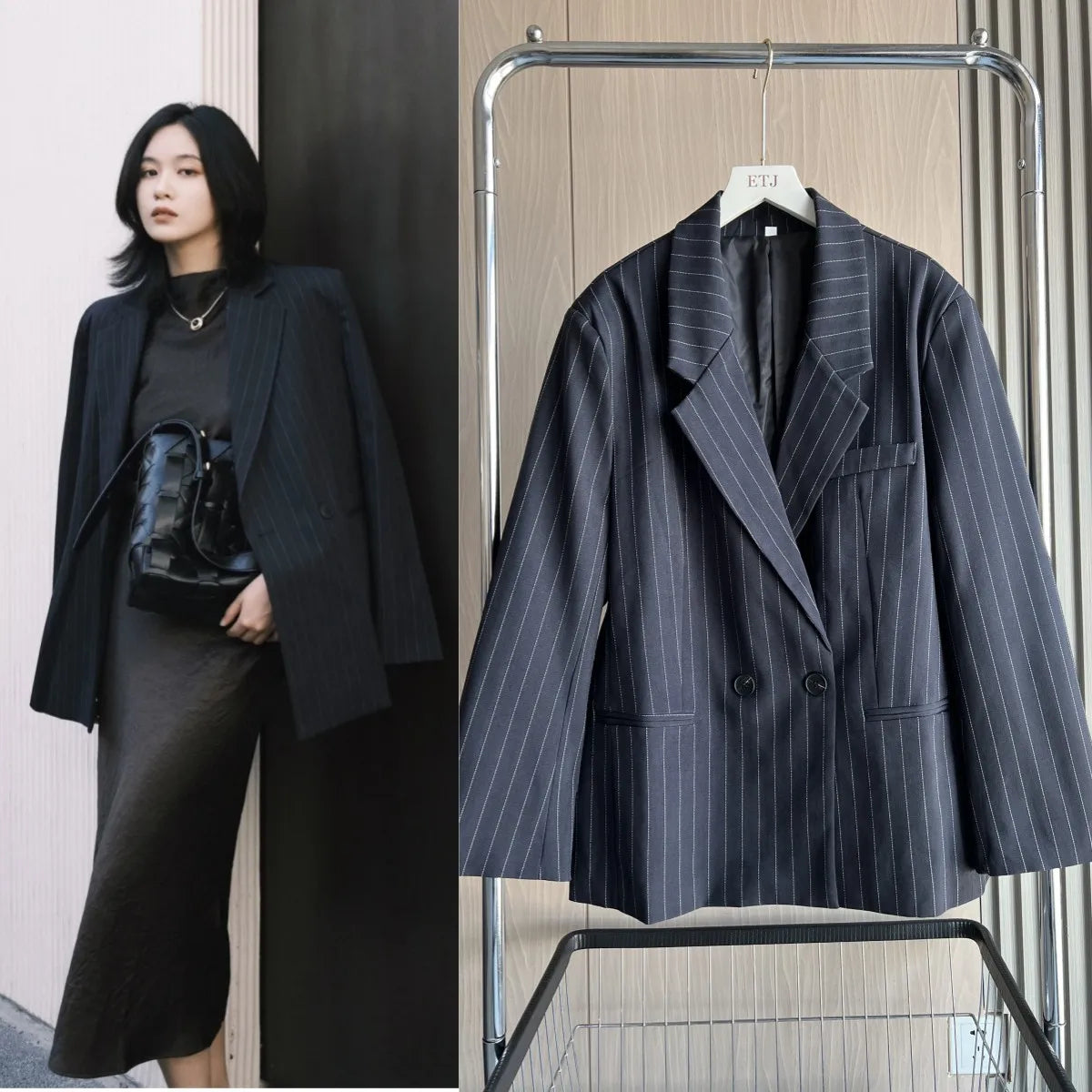 Pinstripe Shoulder-Padded Oversized Blazer | Wovetsa