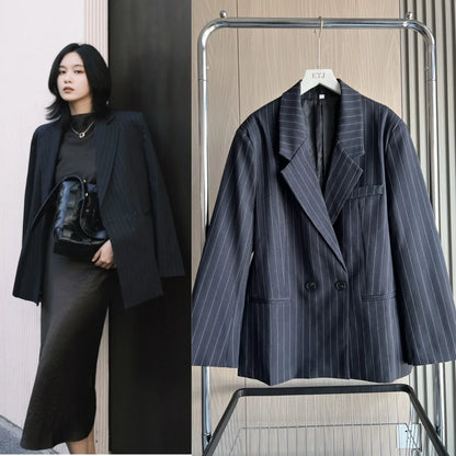 Pinstripe Shoulder-Padded Oversized Blazer | Wovetsa