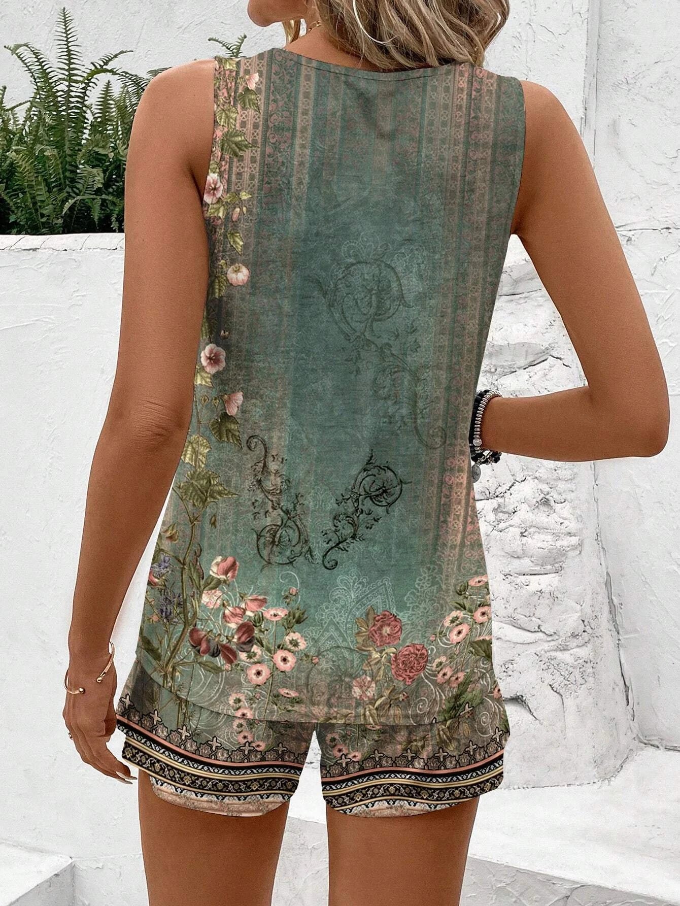 Women's Floral-Print Spring/Summer Casual Tank Top and Drawstring Pocket Shorts Set