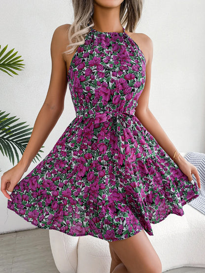 Floral Ruffle Halter Mini Dress | Wovetsa
