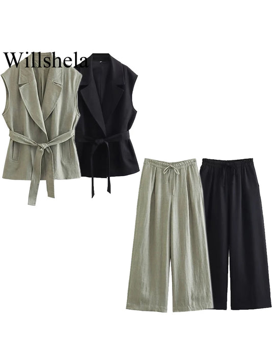 Women's Tailored Two Piece Set – V-Neck Vest & Wide Leg Pants