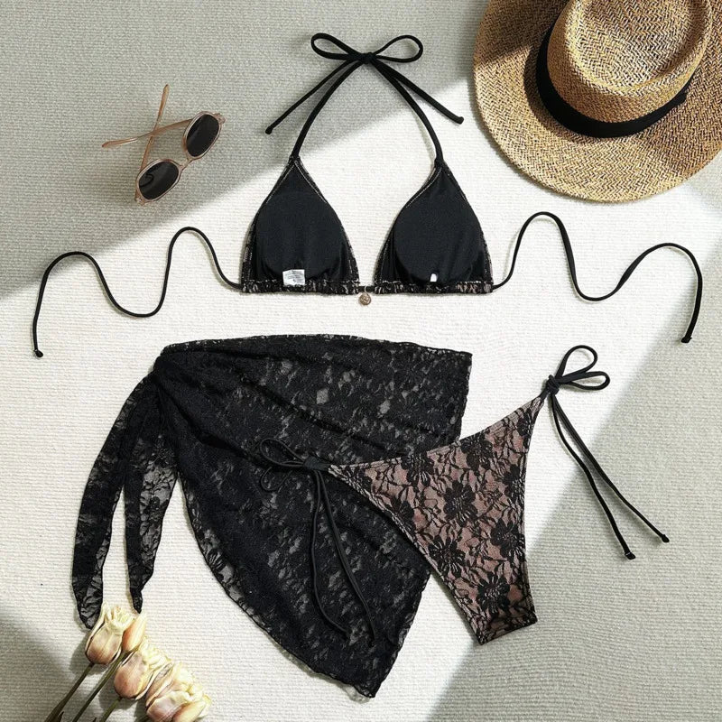 Lace Contrast 3-Piece Bikini Set | Wovetsa