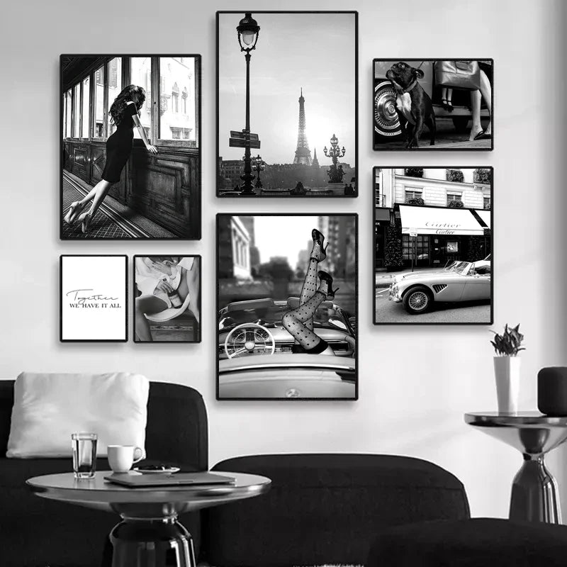 Black & White Luxury Car Paris Street Canvas Wall Art | Wovetsa