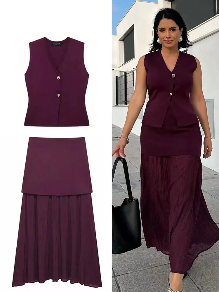 Women's Knit V-Neck Vest & Long Skirt Two Piece Set | Wovetsa