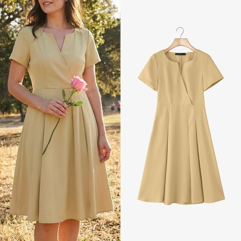 Women's Elegant V Neck A-Line Midi Dress | Short Sleeve Minimal Summer Dress