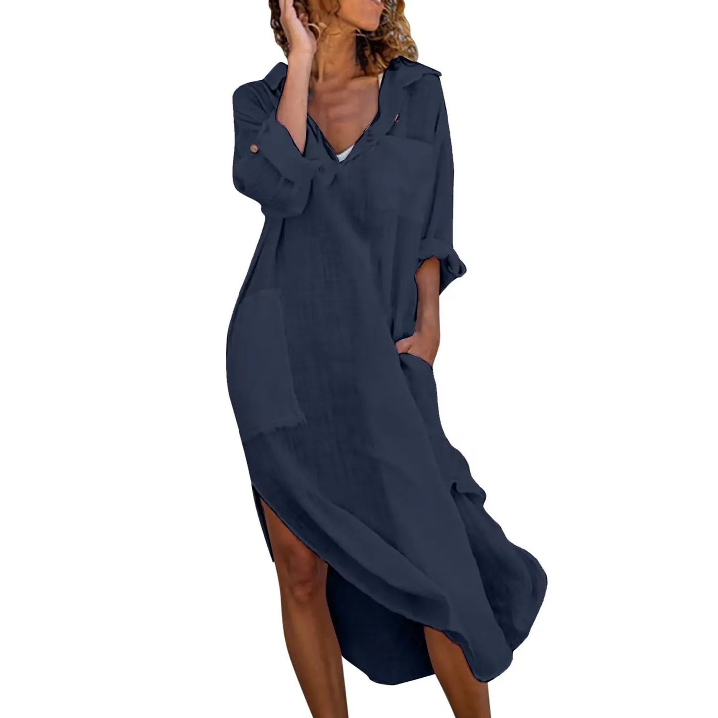 Women's Cotton Linen Shirt Dress – Oversized Casual Midi Dress with V-Neck
