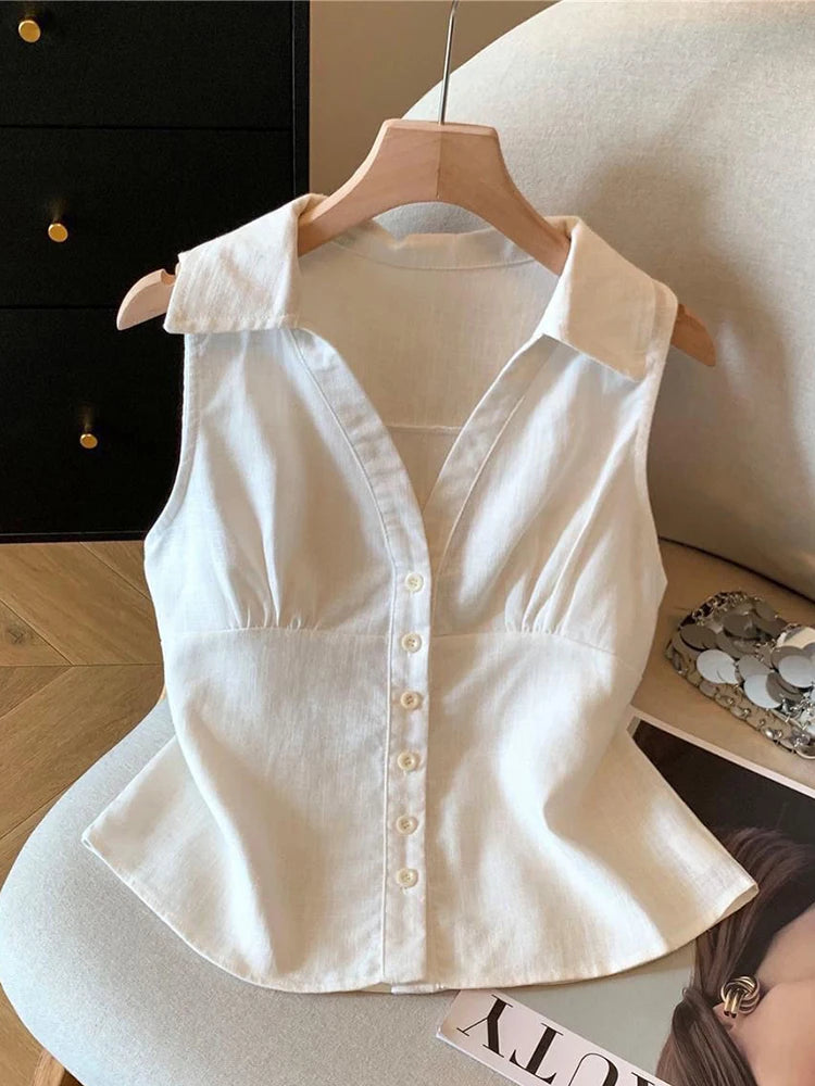 V-Neck Sleeveless Linen Blend Shirt | Wovetsa