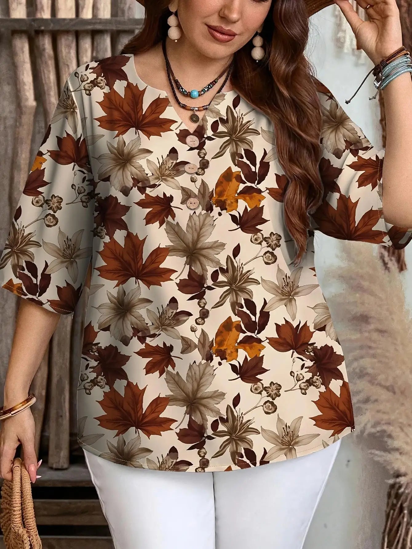 Plus Size Floral Print V-Neck Tunic Blouse | Wovetsa