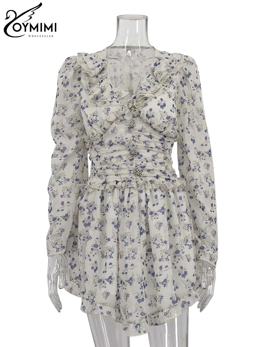 V-Neck Ruffled Print Mini Dress | Wovetsa