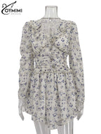 V-Neck Ruffled Print Mini Dress | Wovetsa