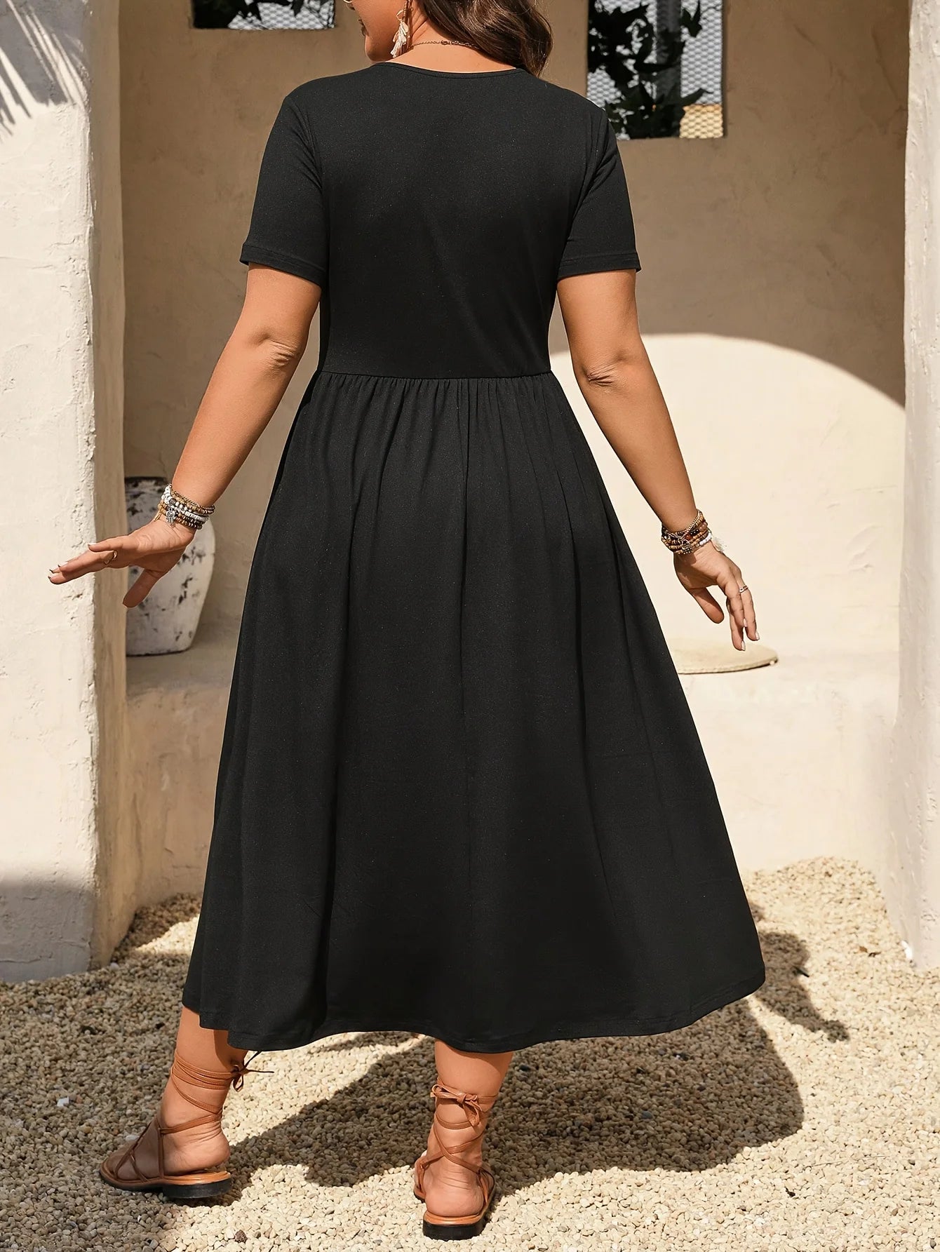 Title: Women's Casual V-Neck Midi Dress | Short Sleeve Ruched Waist Everyday Dress