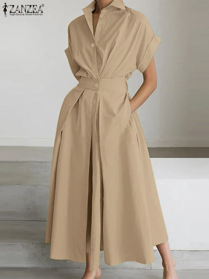 Short Sleeve Button-Down A-Line Midi Dress | Wovetsa