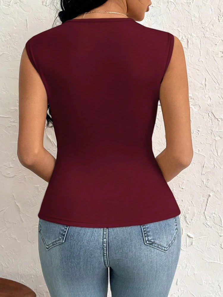 Burgundy Ruched Asymmetric Tank Top | Wovetsa