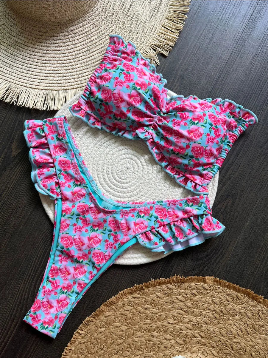 Ruffle Flower Print Bikini Set | Wovetsa