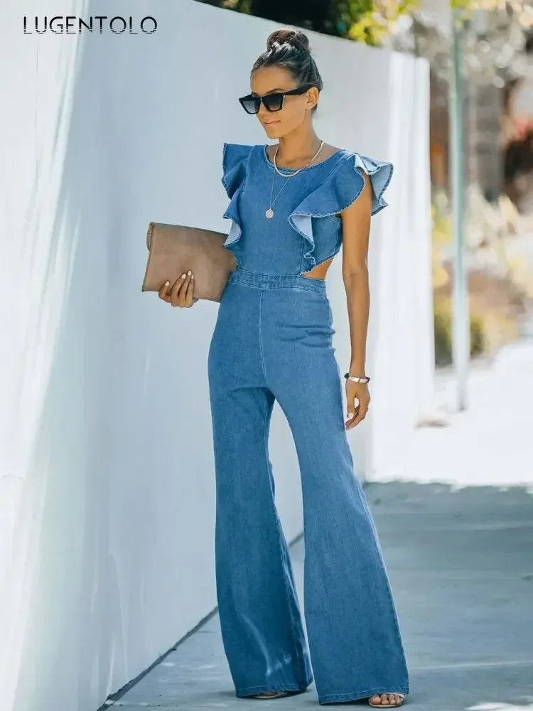 Ruffle Denim Wide-Leg Jumpsuit | Wovetsa