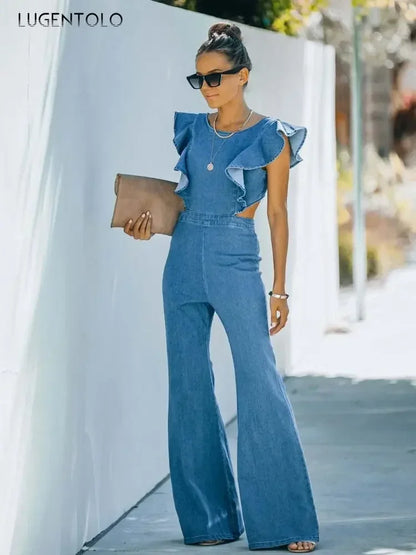 Ruffle Denim Wide-Leg Jumpsuit | Wovetsa