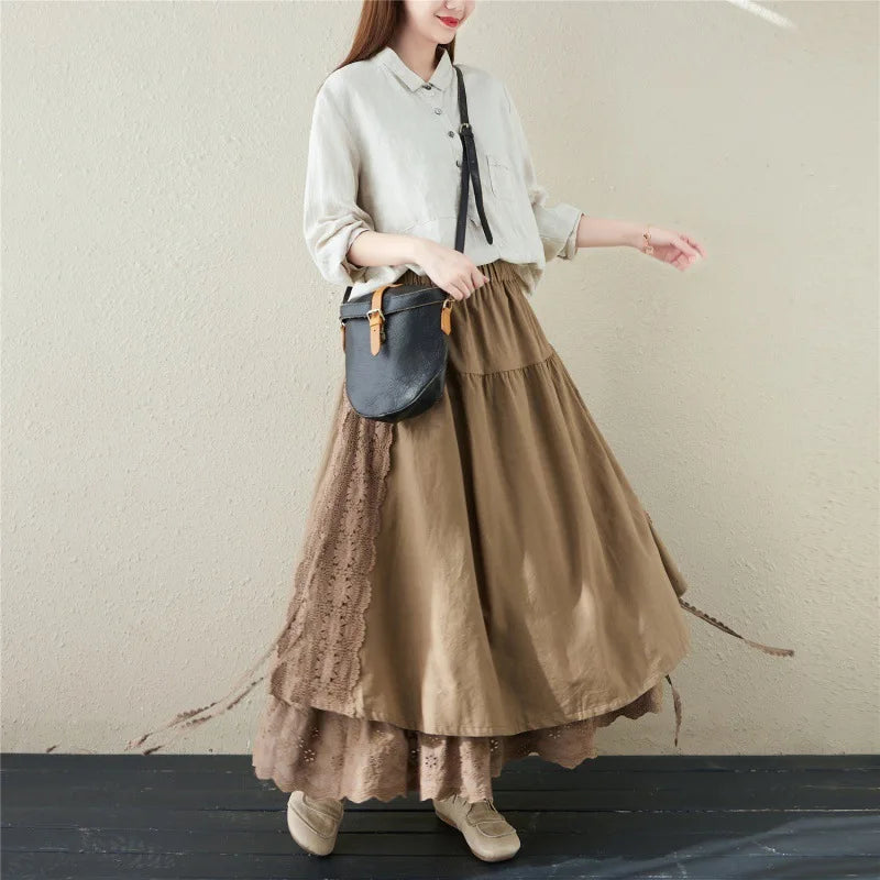 Lace Embroidery Cotton Linen Pleated Skirt | Wovetsa