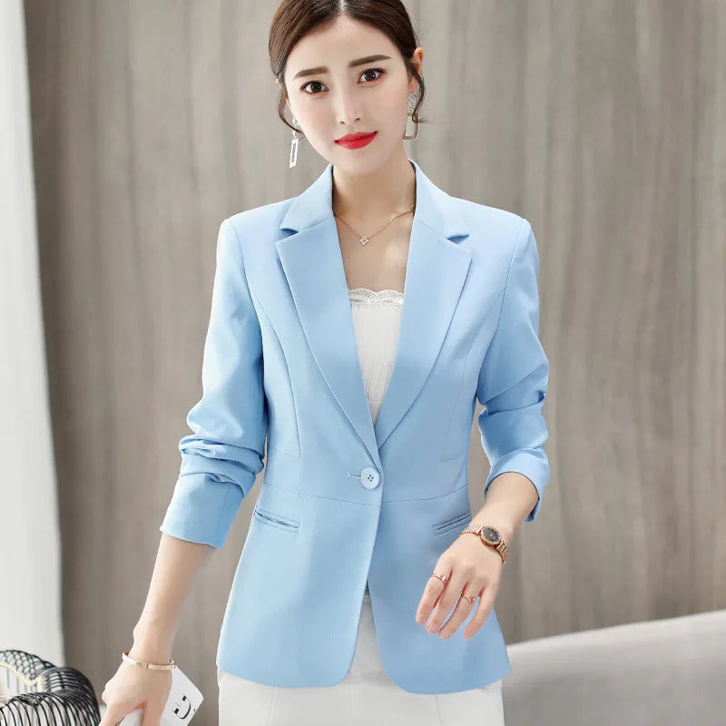 Women Slim One Button Blazers Autumn Spring Female Pocket Long Sleeve Solid Color Korean OL Workwear Business Blazer Coats