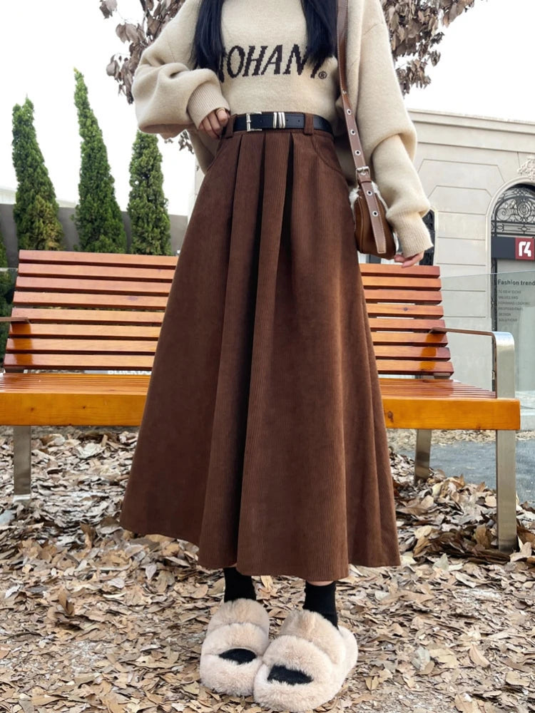 High Waist Corduroy Pleated Midi Skirt with Belt | Wovetsa