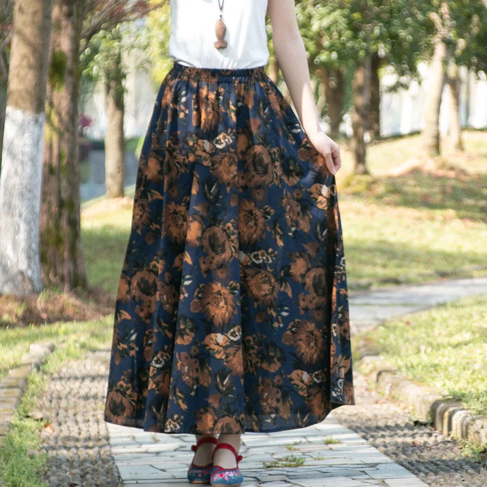 Bohemian Floral Print Cotton Linen Maxi Skirt | Wovetsa