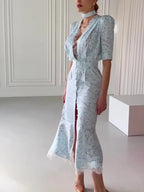 Elegant Lace Trimmed Printed Dress Women Chic Deep V-neck Waist Cinching Split Short Sleeve Maxi Dress Lady Party Vestidos 2026