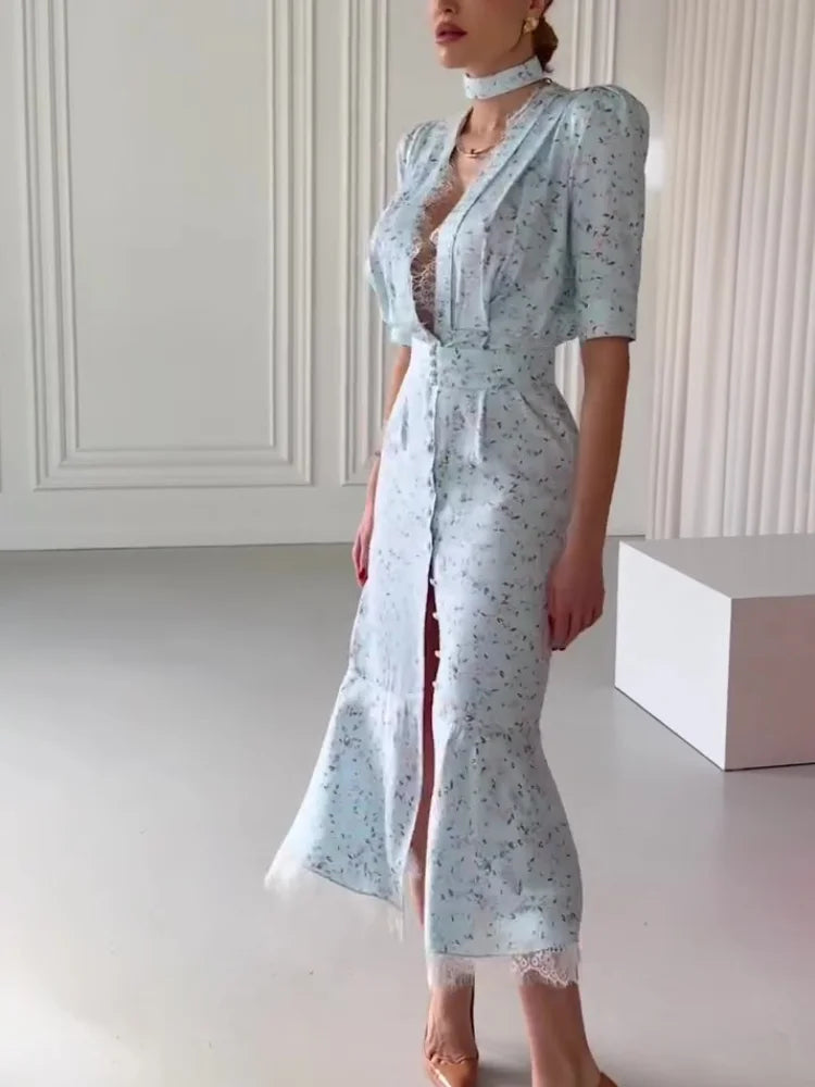 Elegant Lace Trimmed Printed Dress Women Chic Deep V-neck Waist Cinching Split Short Sleeve Maxi Dress Lady Party Vestidos 2026