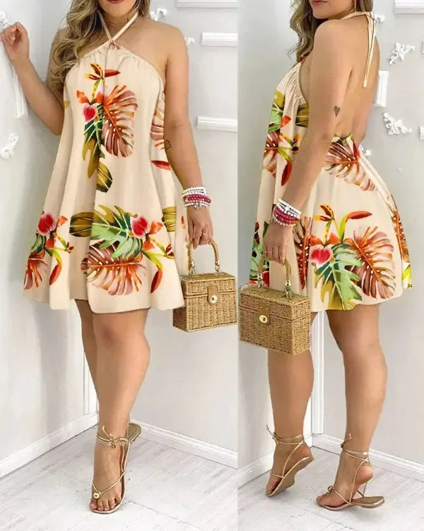 Women's Tropical Leaf Print Halter Neck Mini Dress | Wovetsa