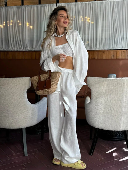 Cotton Linen Shirt & Wide-Leg Pant Set | Wovetsa