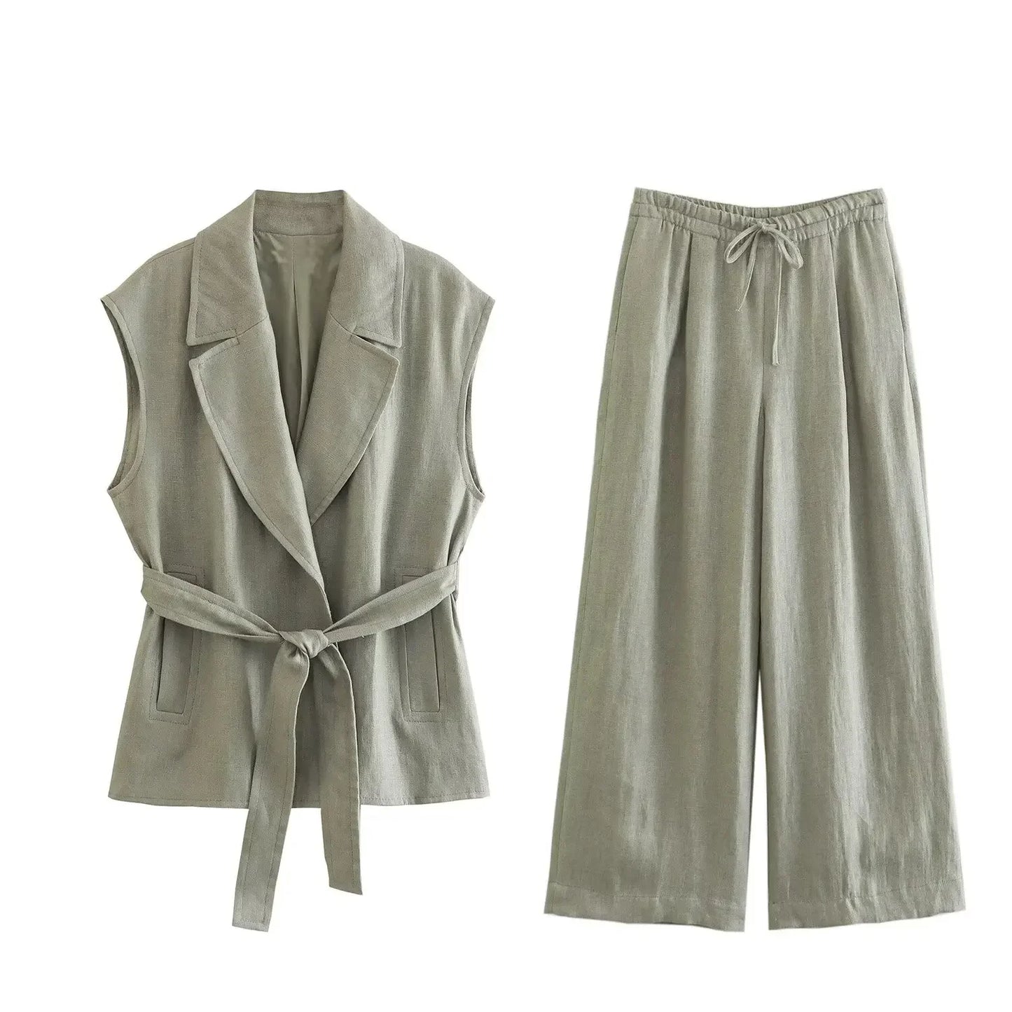 Women's Tailored Two Piece Set – V-Neck Vest & Wide Leg Pants