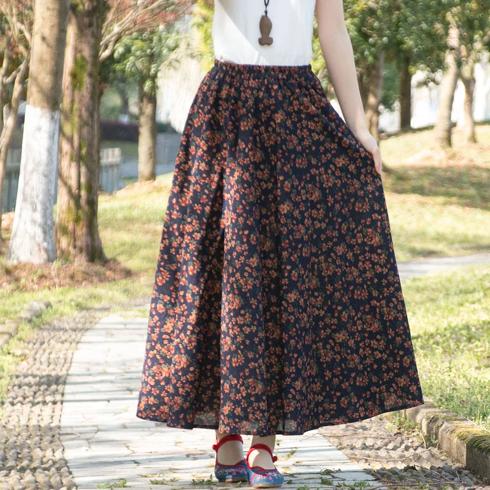 Bohemian Floral Print Cotton Linen Maxi Skirt | Wovetsa