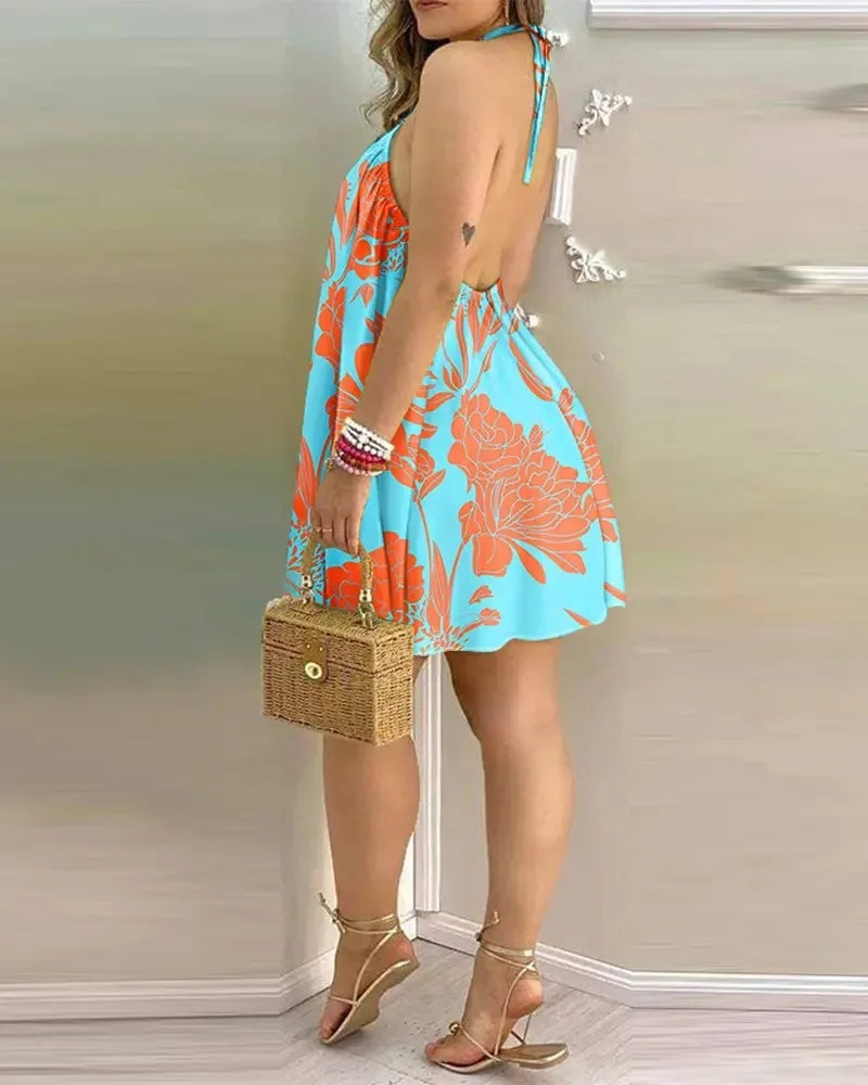 Women's Tropical Leaf Print Halter Neck Mini Dress | Wovetsa