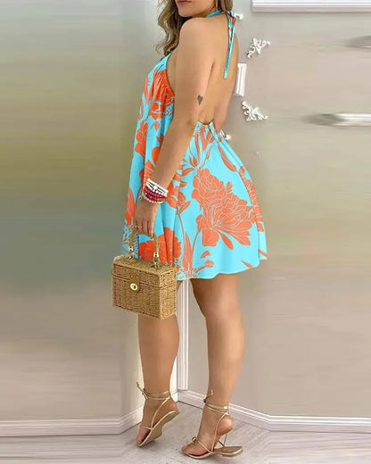 Women's Tropical Leaf Print Halter Neck Mini Dress | Wovetsa