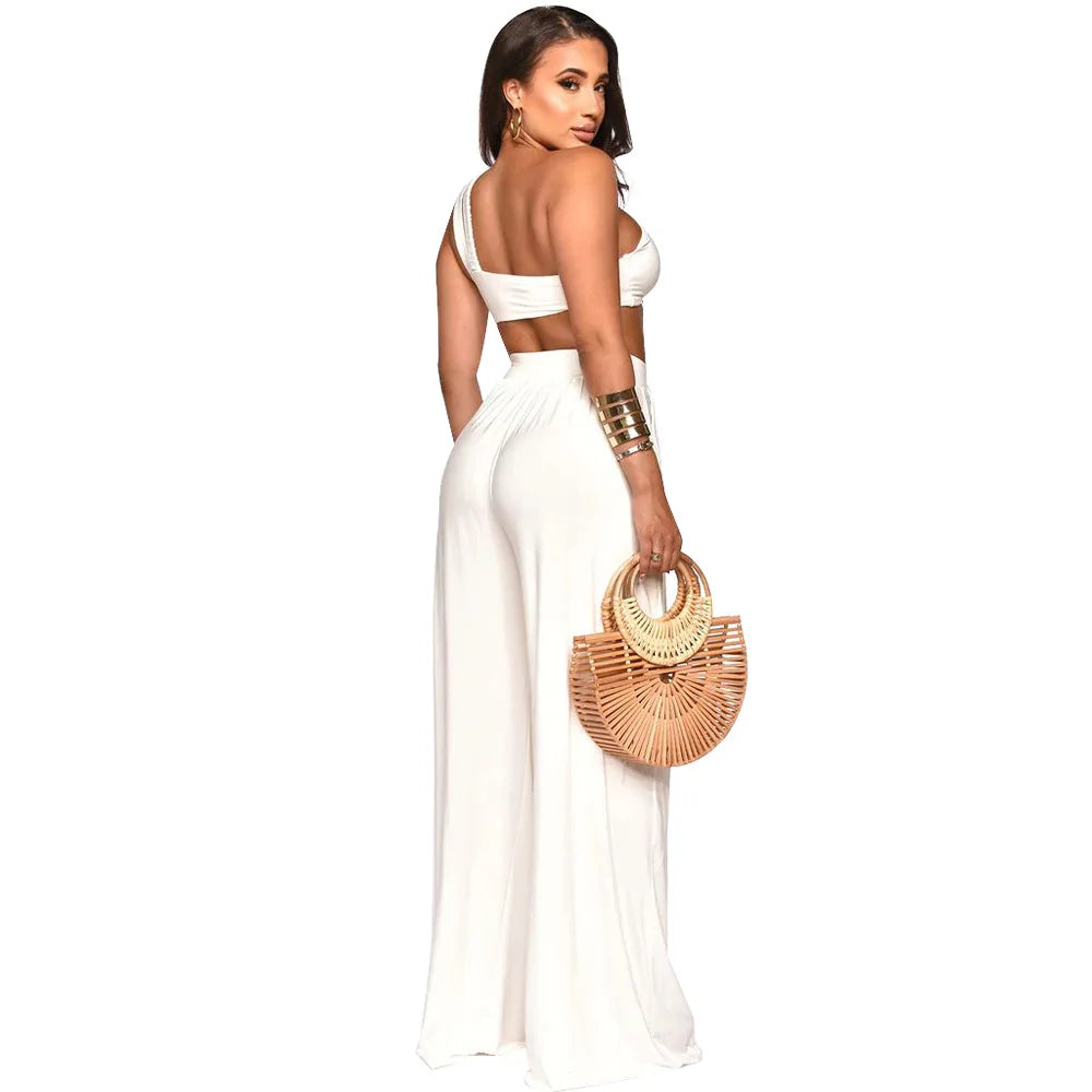Women's One Shoulder Two Piece Set – Crop Top & Wide Leg Pants