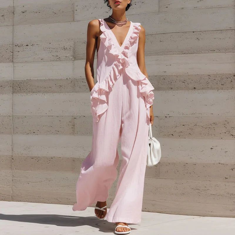 Women's Summer Ruffle Jumpsuit V Neck Wide Leg Vacation Style One Piece Outfit