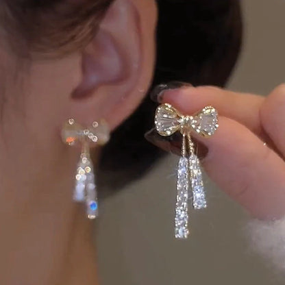 Gold Bow Stud Earrings with Rhinestone | Wovetsa