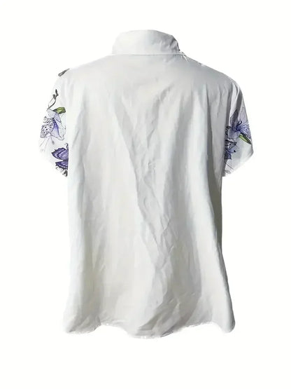 Plus Size 1XL-5XL Women Fashion Spring and Autumn Casual Short Sleeve Buttons Blouse Versatile Butterfly Print Blouse Shirt