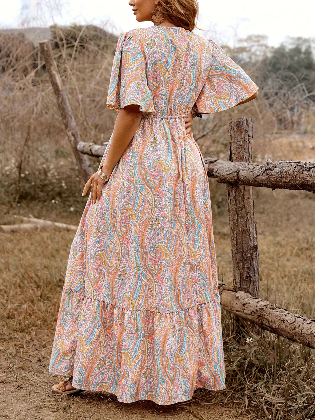 Plus Size Paisley Print Butterfly Sleeve Maxi Dress | Wovetsa