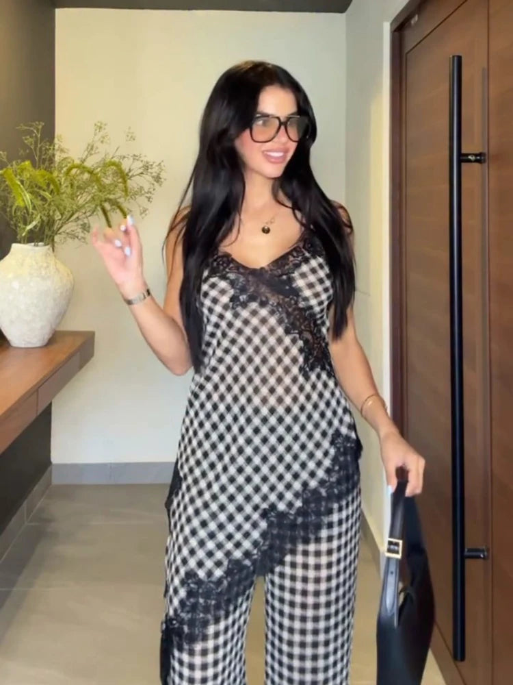 Plaid Lace Spliced Women's 2-Piece Sets Chic Irregular Off Shoulder Sleeveless Backless Top Wide Leg Pants 2026 Summer Women Set