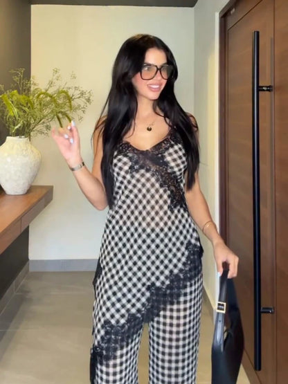 Plaid Lace Spliced Women's 2-Piece Sets Chic Irregular Off Shoulder Sleeveless Backless Top Wide Leg Pants 2026 Summer Women Set