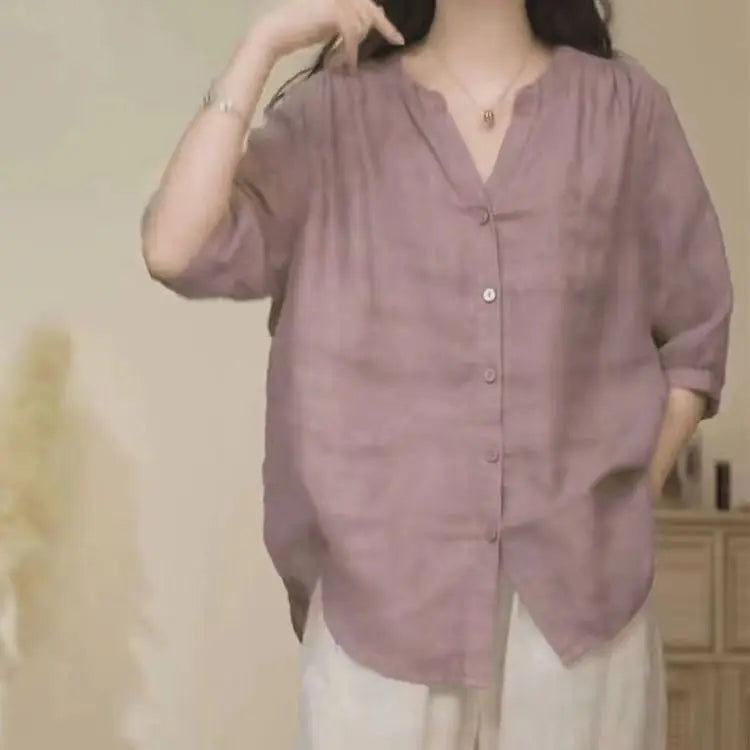 Loose V-Neck Three-Quarter Sleeve Blouse | Wovetsa