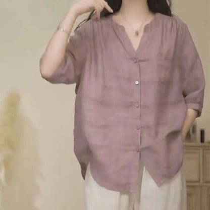 Loose V-Neck Three-Quarter Sleeve Blouse | Wovetsa