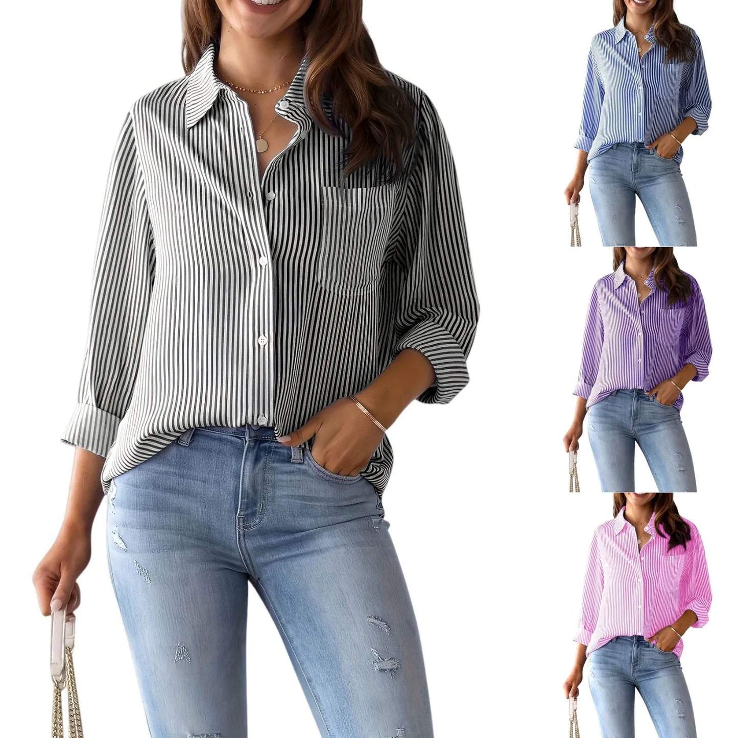 Autumn Striped Shirt for Women Long-Sleeved Lapel Single-Breasted Casual Shirts Elegant and Stylish Women's Commuter Shirt