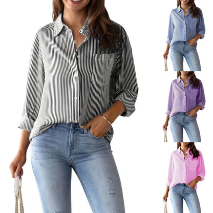 Autumn Striped Shirt for Women Long-Sleeved Lapel Single-Breasted Casual Shirts Elegant and Stylish Women's Commuter Shirt
